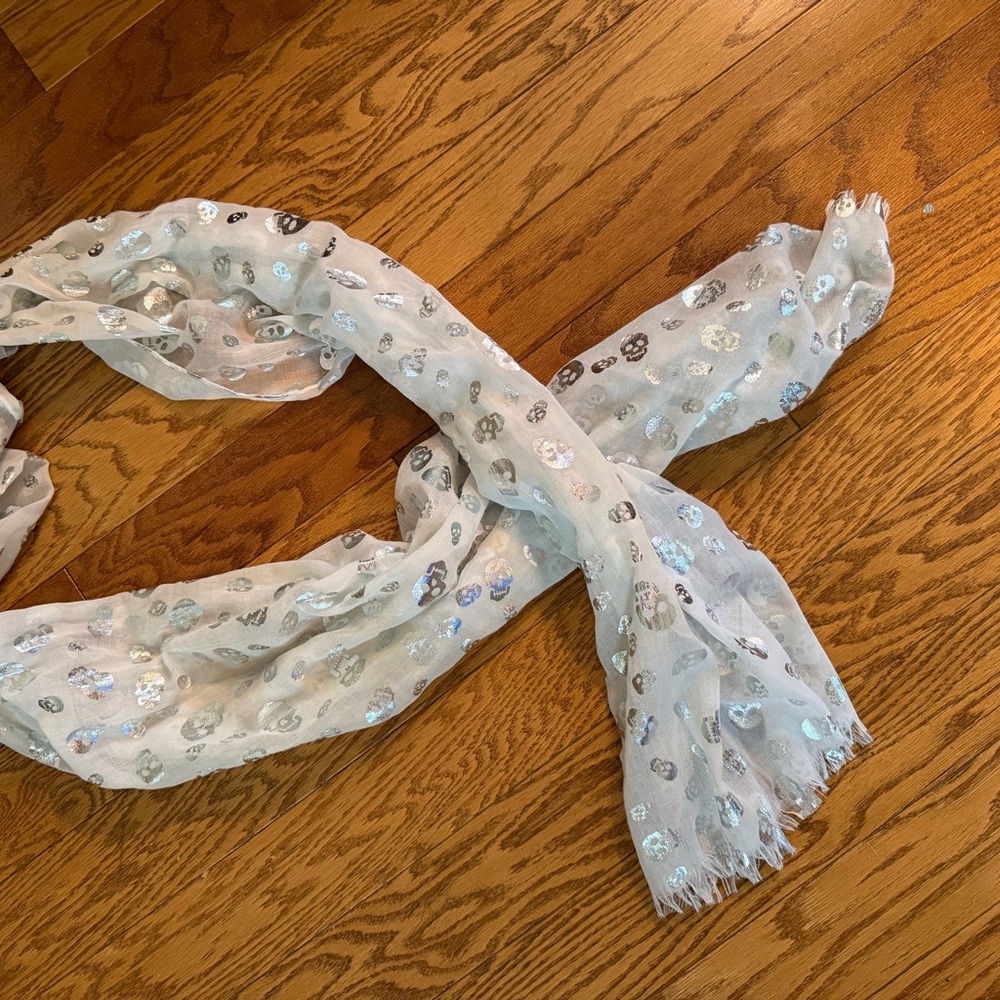 White and silver Sheer Skull Print Scarf